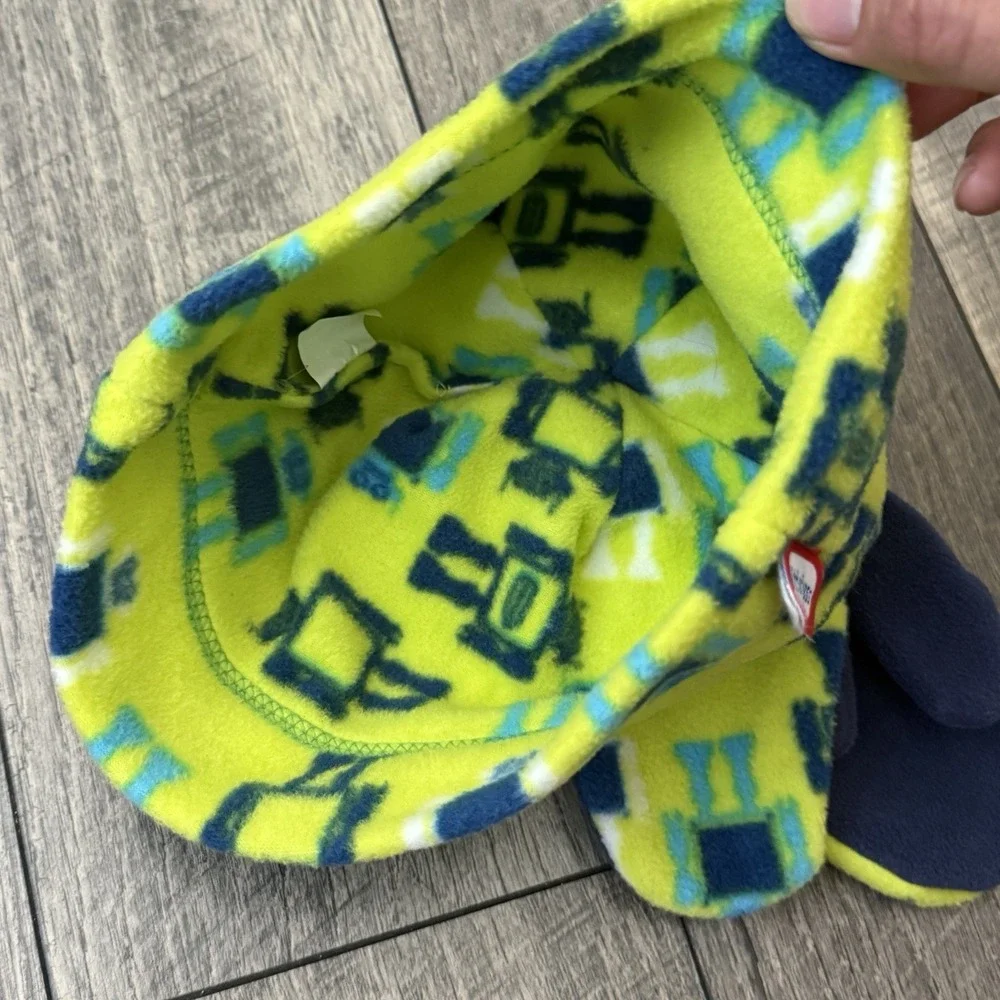 NWT Little Tikes Kids Fleece Beanie Mittens Set Robot Print Neon Green Blue OSFA